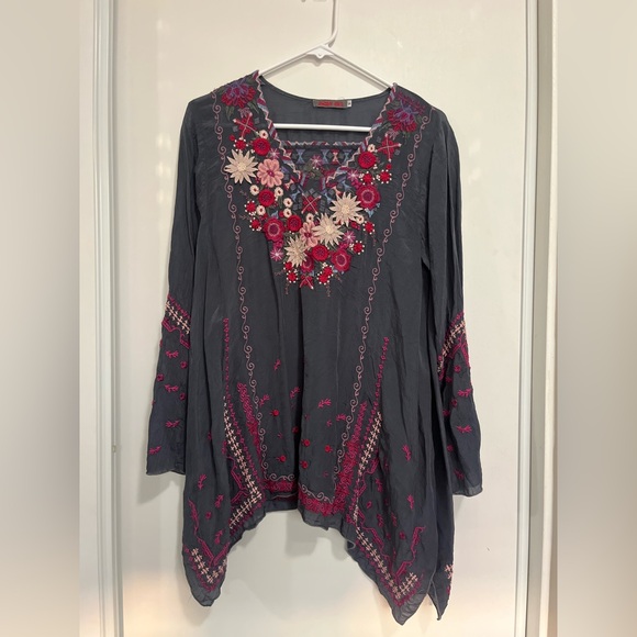 EUC $278 Johnny Was S Gray Wish Stitch Floral Embroidered Long Sleeve Blouse - Picture 1 of 6